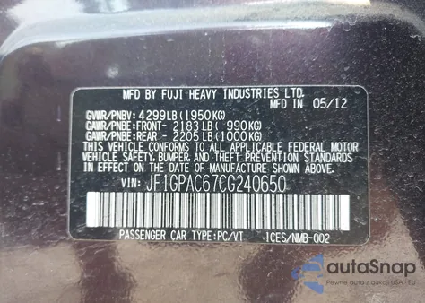 2012 Subaru Impreza 2.0I Premium z USA, uszkodzony, nr VIN JF1GPAC67CG240650